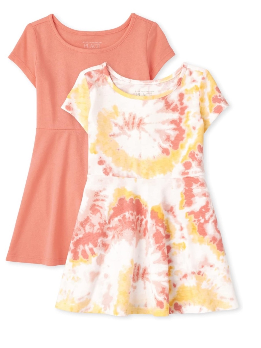 The Children's Place Coral  & Tie-Dye Yellow-Pink Knit Skater Dresses Size 2T
